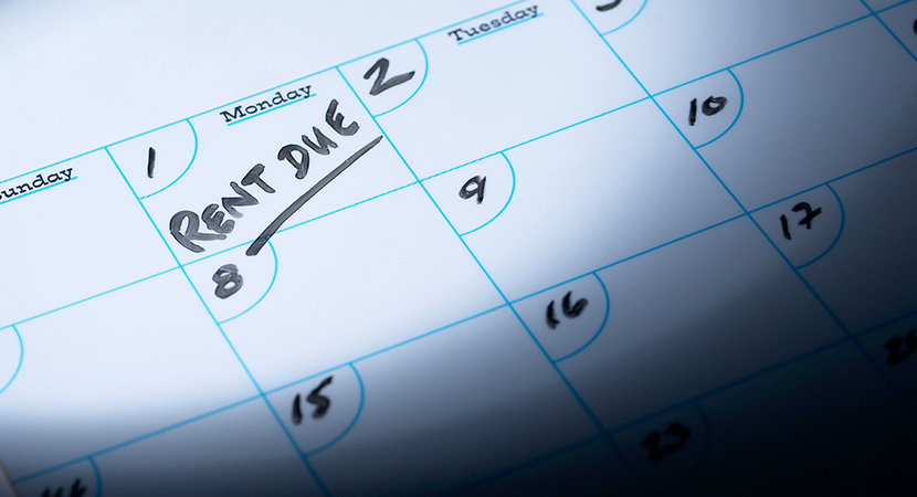 Calendar which indicates rent is due on the first of the month