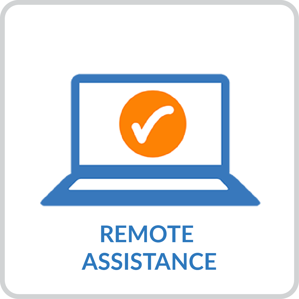 laptop outline with check icon with caption remote assistance