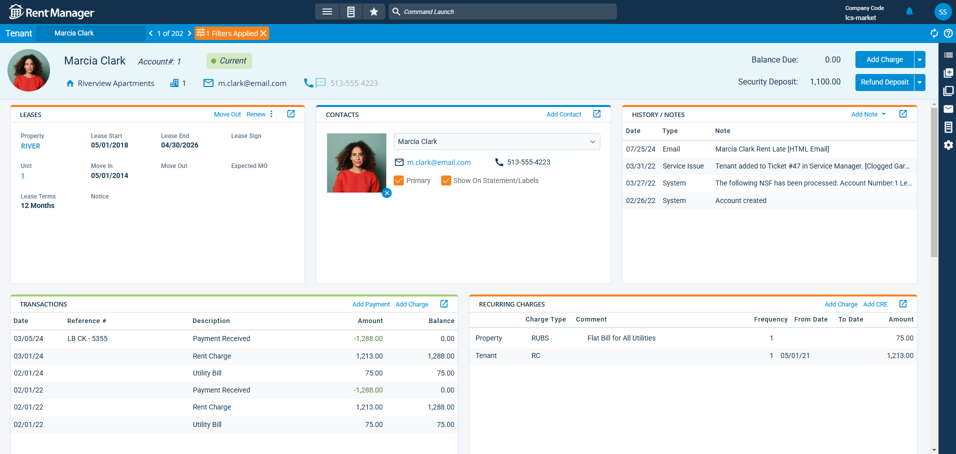 Tenant details screen in Rent Manager