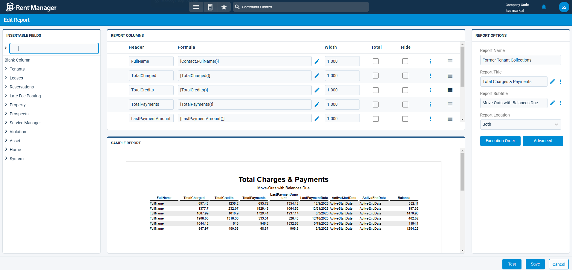 Custom Reporting options example