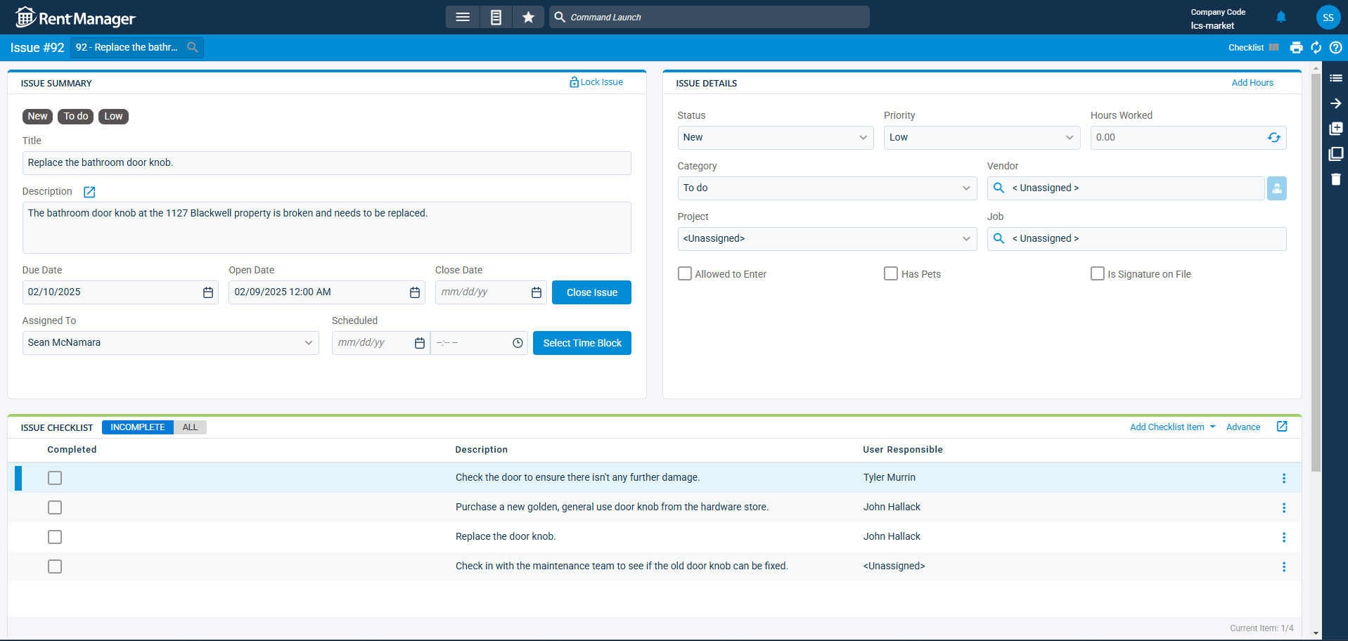 Issue checklist screen
