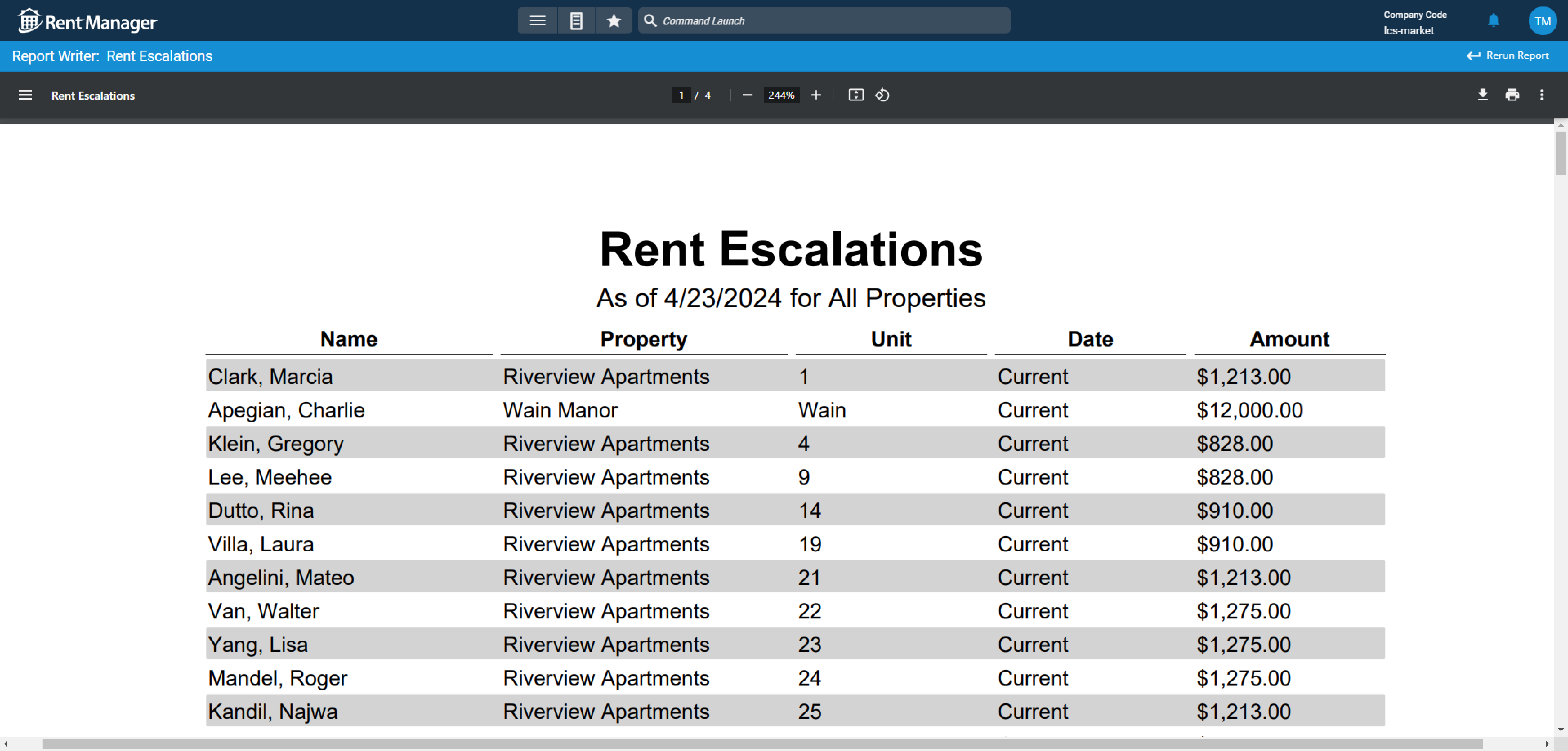Rent Escalations report example