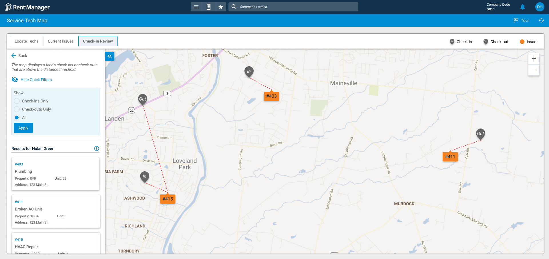 Screenshot showing Rent Manager Service Tech Map view