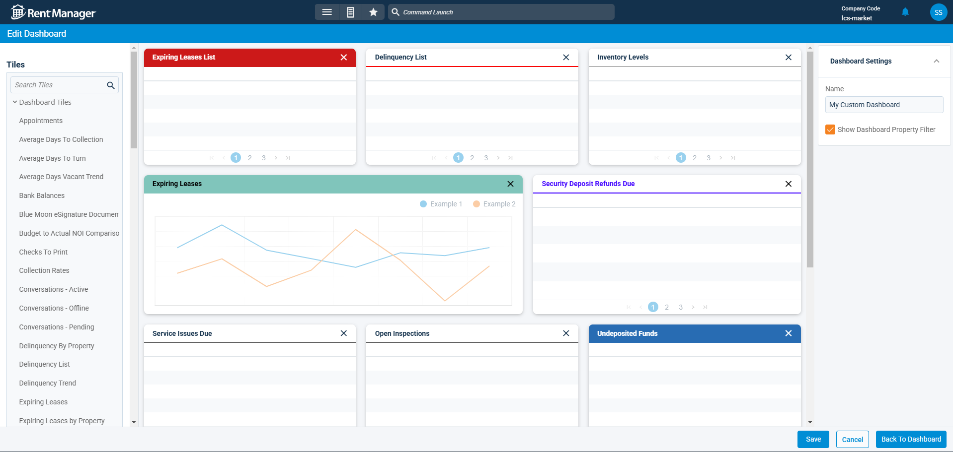 Screenshot showing Rent Manager dashboard customization options