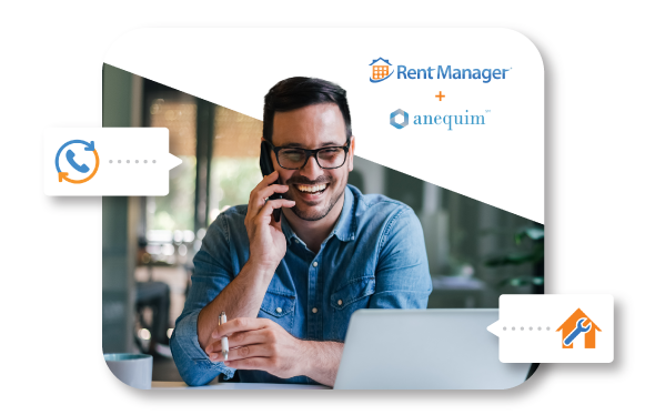 Rent Manager + Anequim graphic showing man on phone