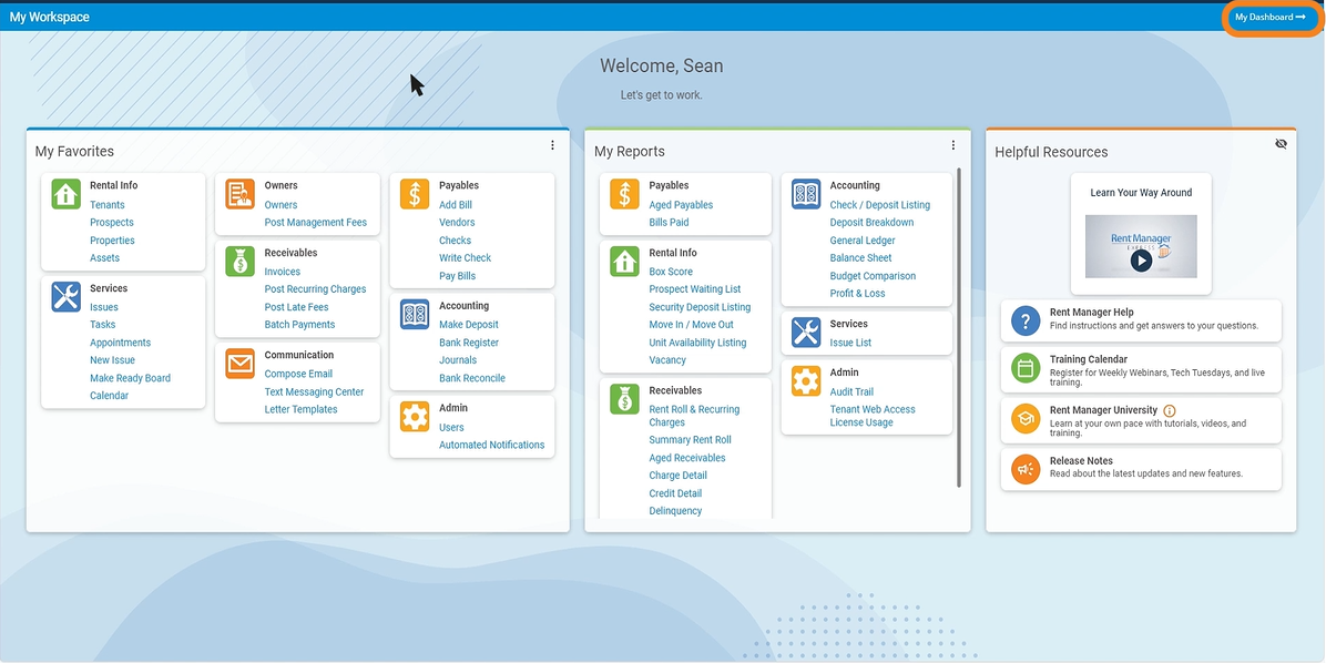 My Workspace screen in Rent Manager